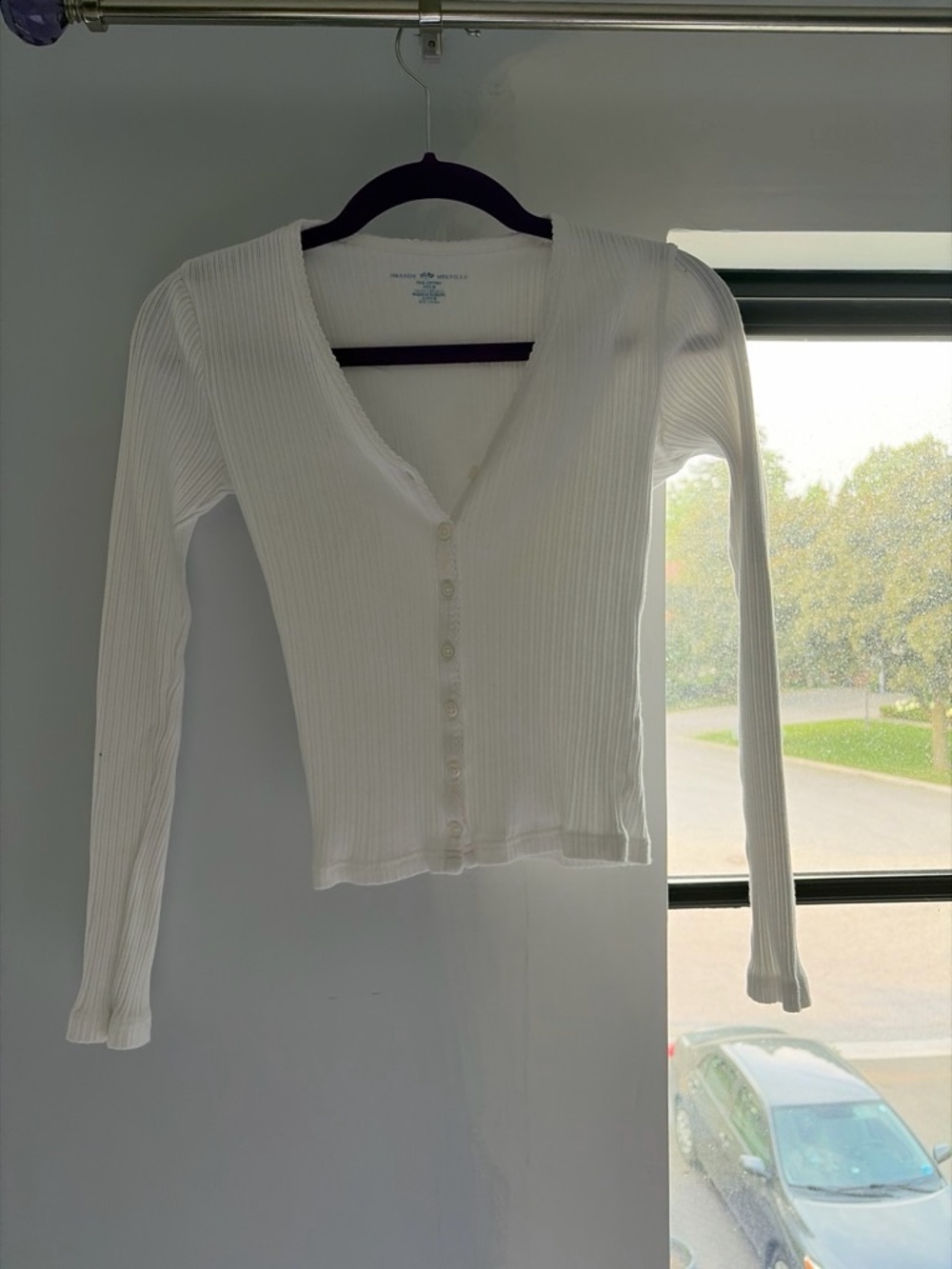 Brandy Melville White Ribbed Button-Front Long Sleeve Top